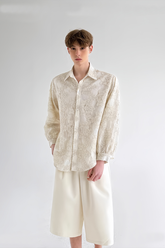 Bastien white double-layer floral-embroidered long sleeves shirt