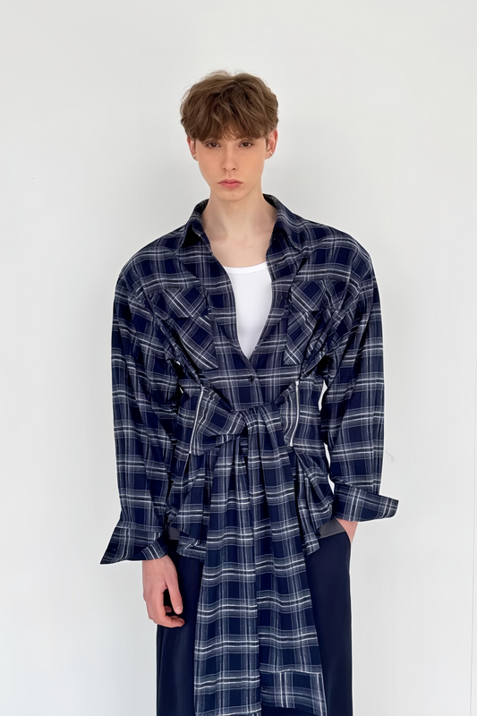 Maxime Blue Plaid-pattern Ribbon-design Shirt