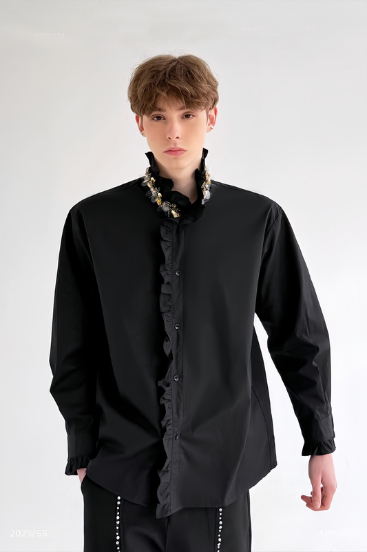 Yoris black floral-appliqué crystal-embellishment shirt